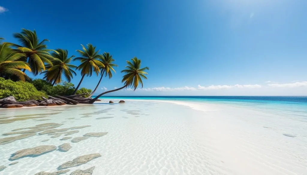 White sand beach on uninhabited Alofi Island with crystal clear waters