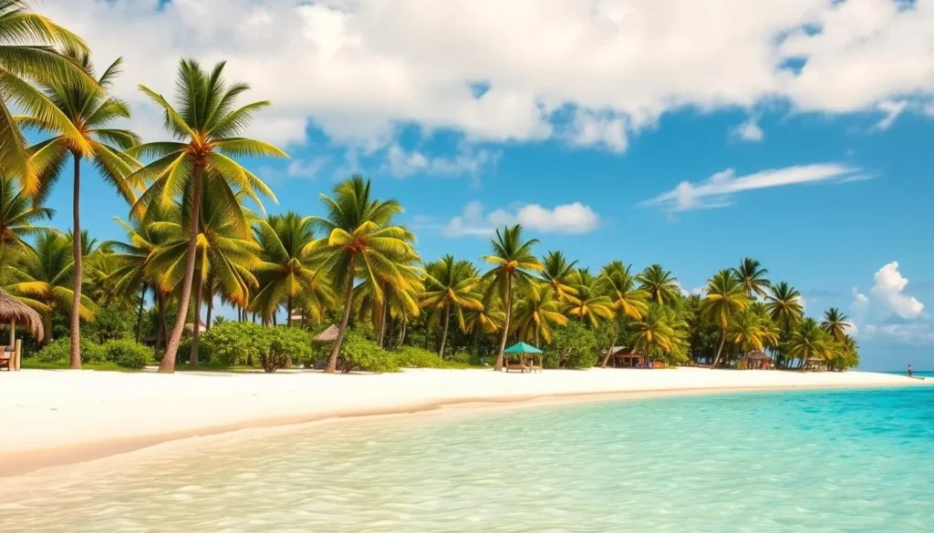 White sand beach with palm trees and turquoise waters on Little Corn Island, Nicaragua