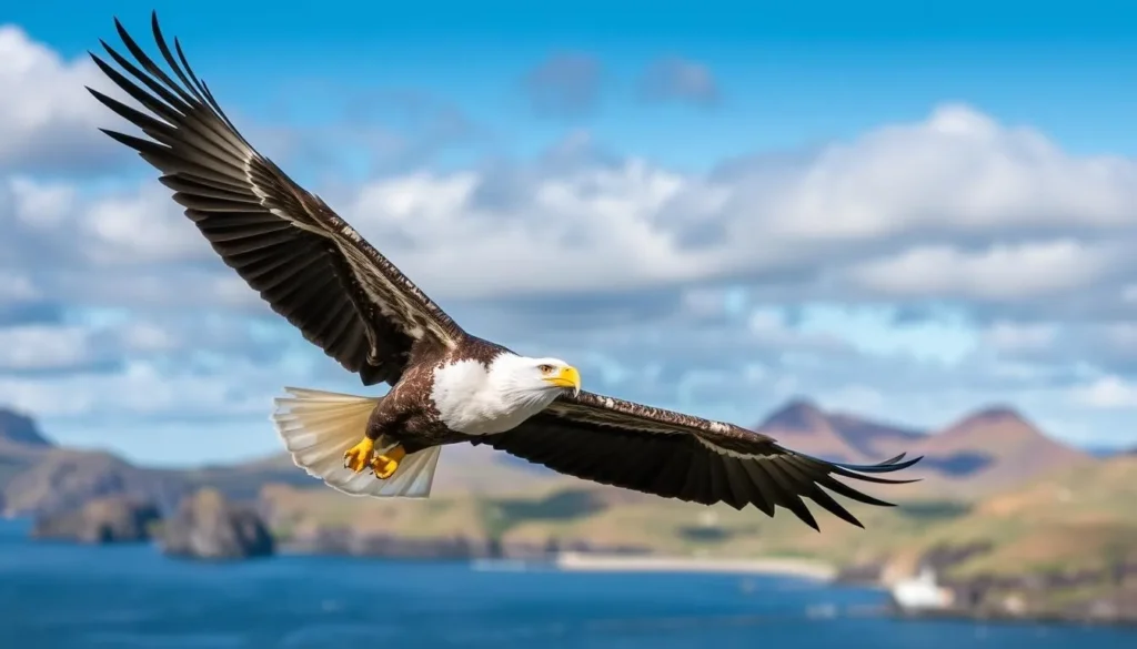 White-tailed sea eagle in flight over the Outer Hebrides landscape