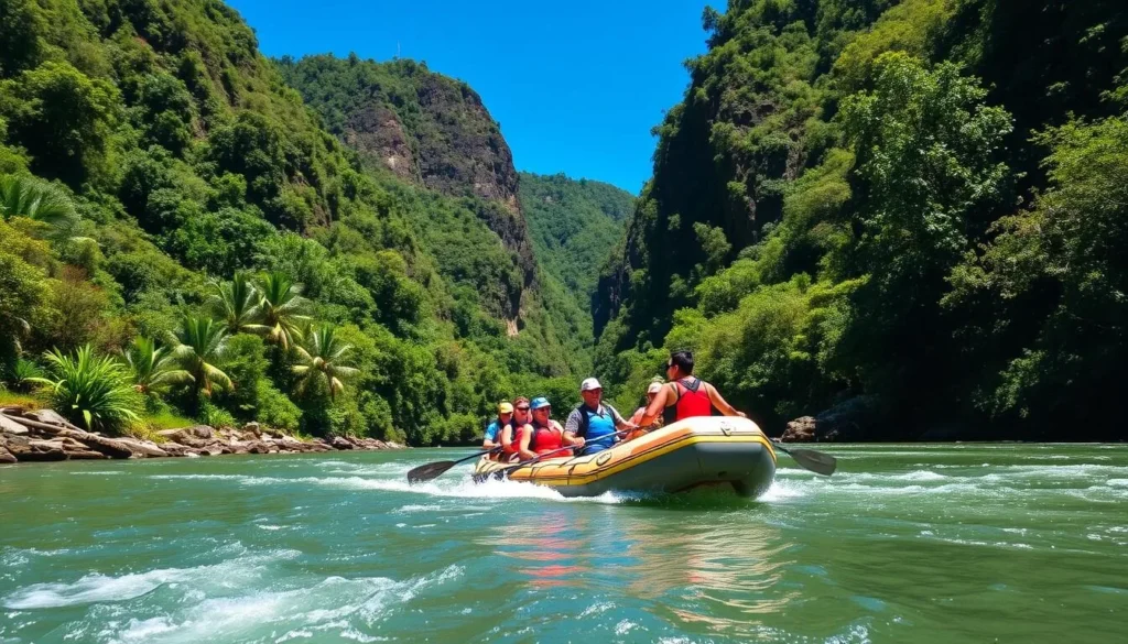 White water rafting on a jungle river in Fiji with rapids and lush scenery