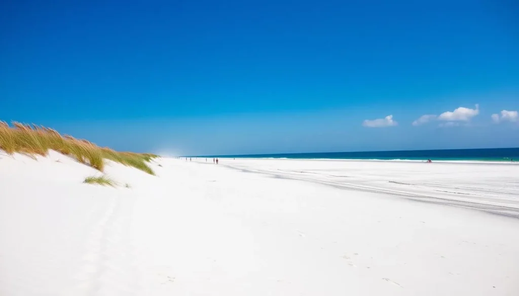 Wide sandy beach at Mustang Island State Park with dunes, sea oats, and the Gulf of Mexico's blue waters