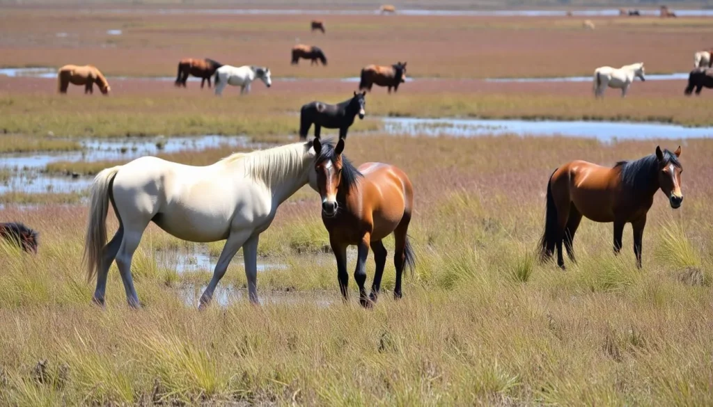 Wild Chincoteague ponies grazing in the marshlands of the wildlife refuge Wild Chincoteague ponies grazing in the marshlands of the wildlife refuge