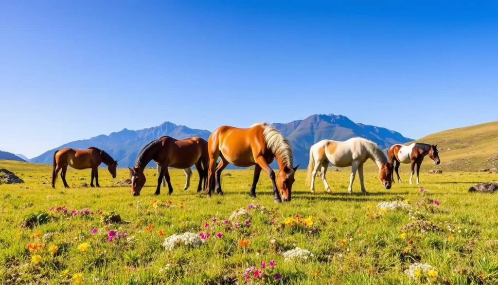 Wild brumbies grazing in an alpine meadow near Jindabyne, New South Wales, a popular wildlife viewing opportunity Wild brumbies grazing in an alpine meadow near Jindabyne, New South Wales, a popular wildlife viewing opportunity