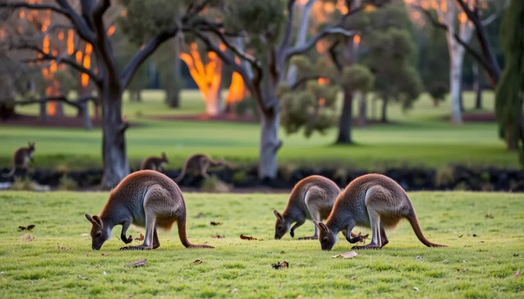Wild wallabies grazing in Davidson Park at dusk with eucalyptus trees in the background Wild wallabies grazing in Davidson Park at dusk with eucalyptus trees in the background