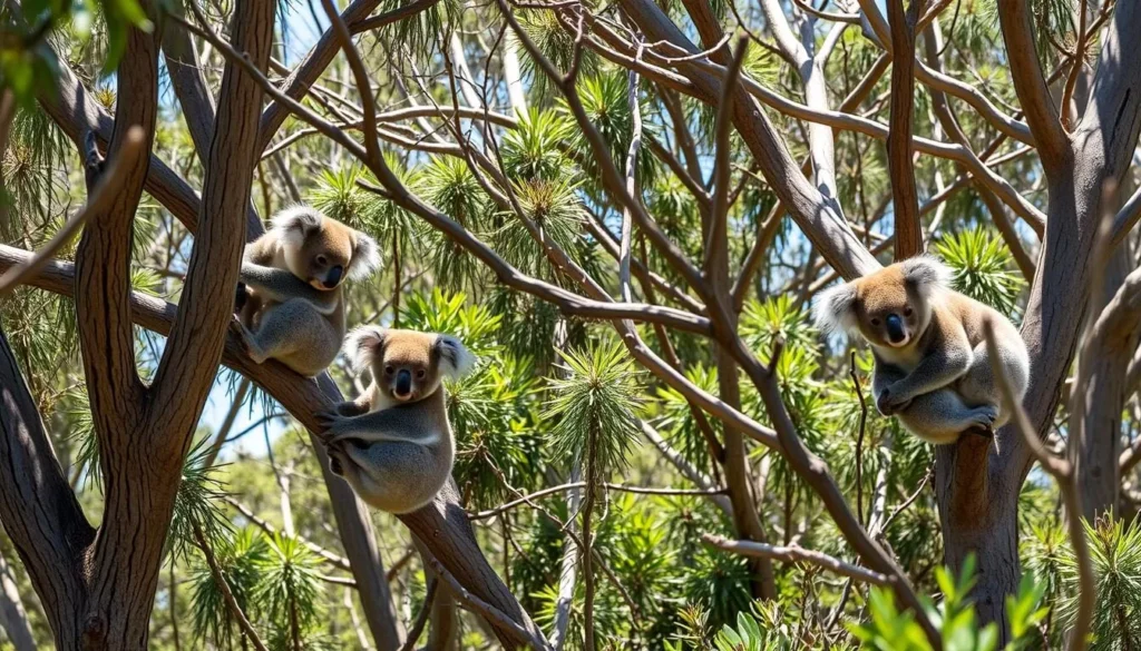 Wildlife viewing at Port Campbell with koalas in eucalyptus trees