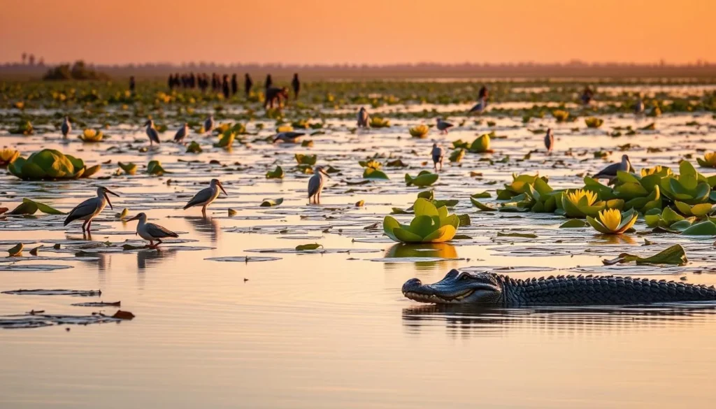 Wildlife viewing in the Pantanal wetlands of Paraguay with birds and caiman visible in the water Wildlife viewing in the Pantanal wetlands of Paraguay with birds and caiman visible in the water