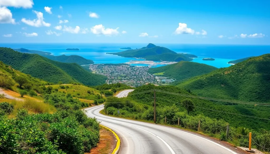 Winding road through the hills of Tortola with views of Road Town and the harbor below Winding road through the hills of Tortola with views of Road Town and the harbor below
