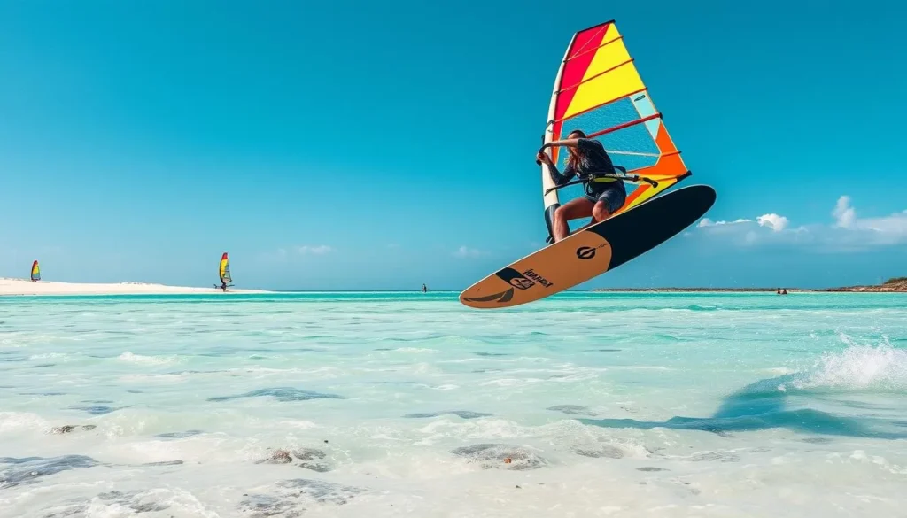 Windsurfer catching air at Sorobon Beach with Bonaire National Marine Park waters in the background