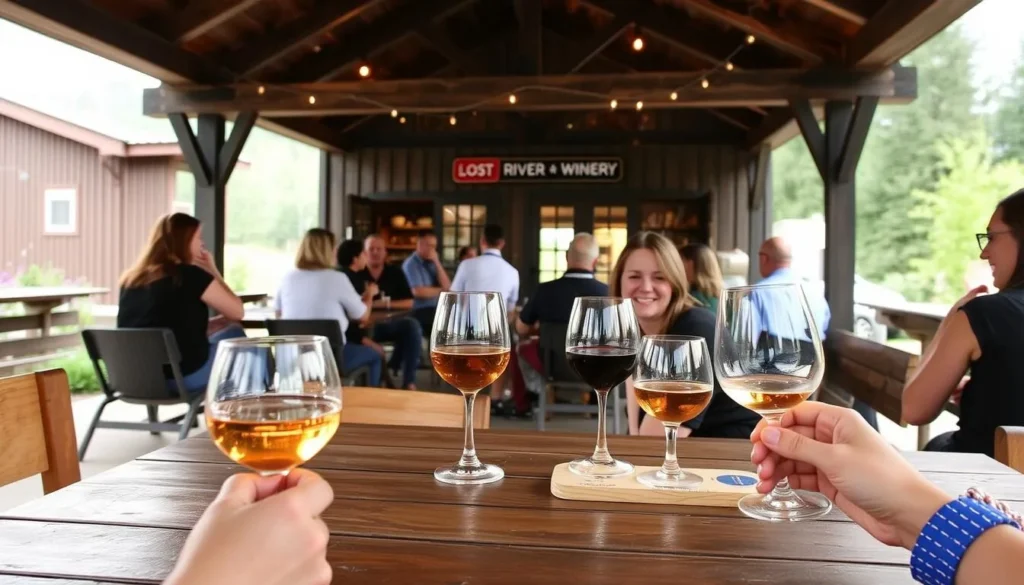Wine and cider tasting at Lost River Winery and Methow Valley Ciderhouse in Winthrop with people enjoying drinks on an outdoor patio
