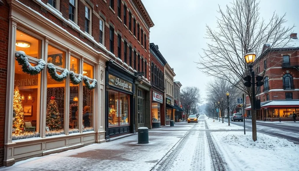 Winter scene in downtown Woonsocket Rhode Island with snow