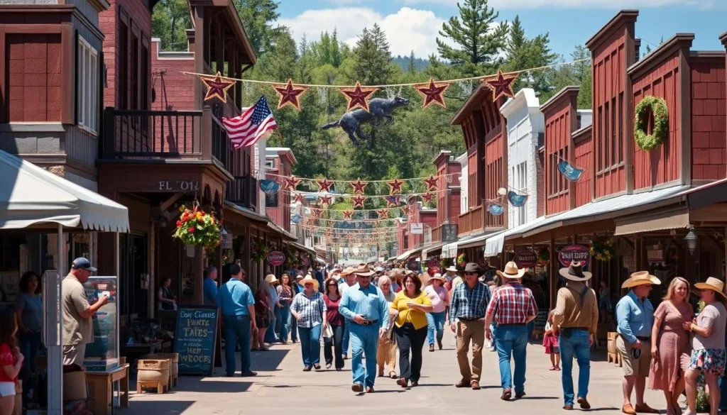 Winthrop's western-themed street during a festival with decorations, vendors, and visitors enjoying the celebration
