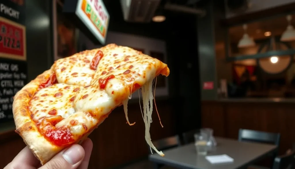 Wiseguy Pizza's New York-style slice with melted cheese and crispy crust in Chinatown, Washington DC Wiseguy Pizza's New York-style slice with melted cheese and crispy crust in Chinatown, Washington DC