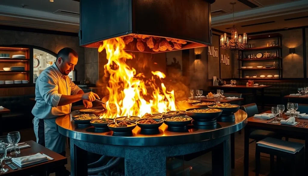 Wood-fired cooking at Albi restaurant with chef preparing Middle Eastern dishes Wood-fired cooking at Albi restaurant with chef preparing Middle Eastern dishes