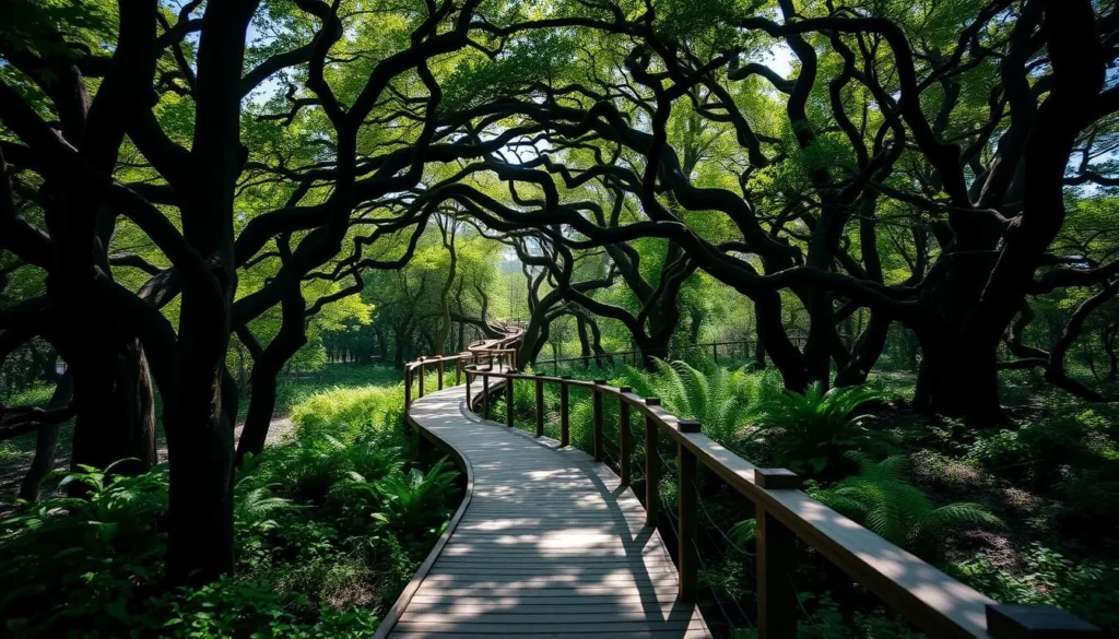 Wooden boardwalk through the mystical Sunken Forest with dappled sunlight Wooden boardwalk through the mystical Sunken Forest with dappled sunlight