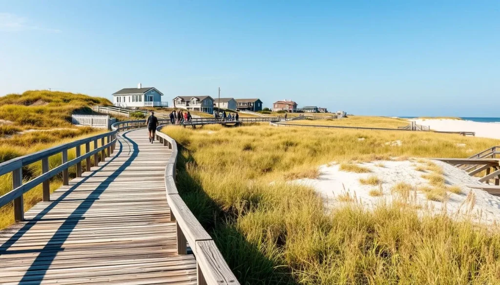 Wooden boardwalk winding through Fire Island with people walking and biking Wooden boardwalk winding through Fire Island with people walking and biking