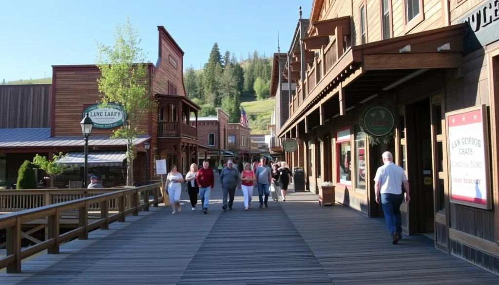 Wooden boardwalks and western-style buildings in downtown Winthrop, Washington with people strolling and shopping on a sunny day