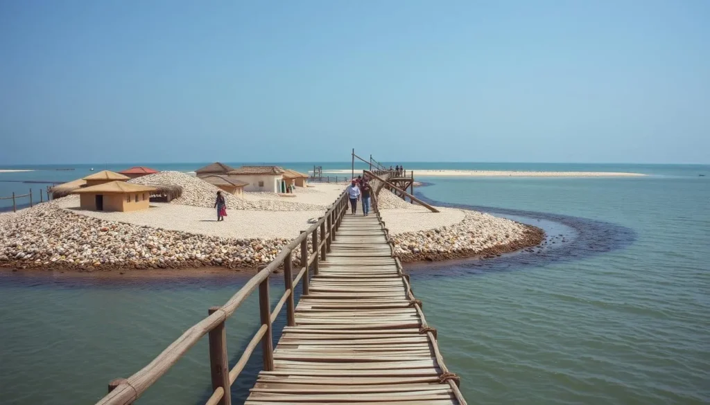 Wooden bridge connecting to Fadiouth Island with shell-covered streets visible Wooden bridge connecting to Fadiouth Island with shell-covered streets visible