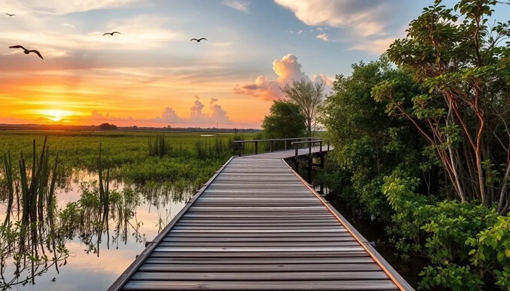 Wooden walkway through Ciénaga de Mallorquín Eco Park wetlands in Barranquilla with birds and lush vegetation Wooden walkway through Ciénaga de Mallorquín Eco Park wetlands in Barranquilla with birds and lush vegetation