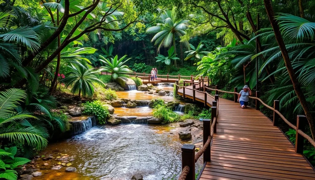 Wooden walkways and waterfalls at Parque del Agua in Bucaramanga Wooden walkways and waterfalls at Parque del Agua in Bucaramanga