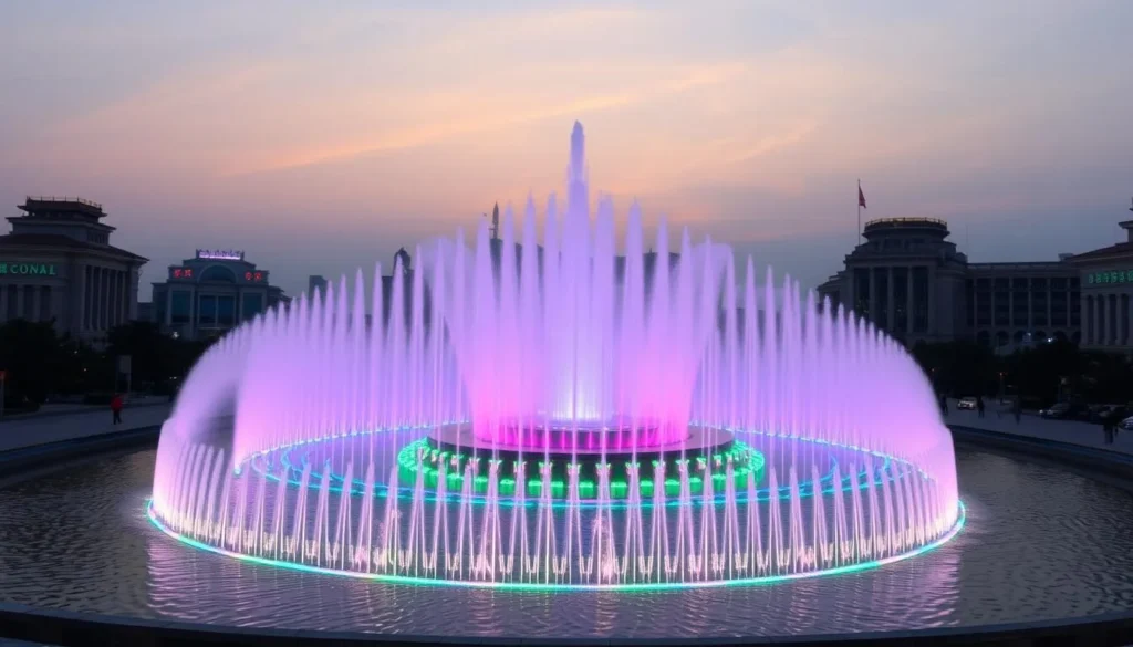 Xinghai Square at dusk with the musical fountain show