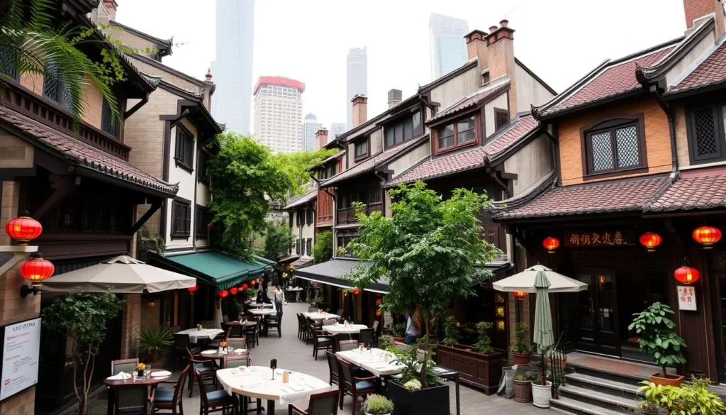 Xintiandi District in Shanghai, China, with well-preserved Shikumen houses and upscale restaurants