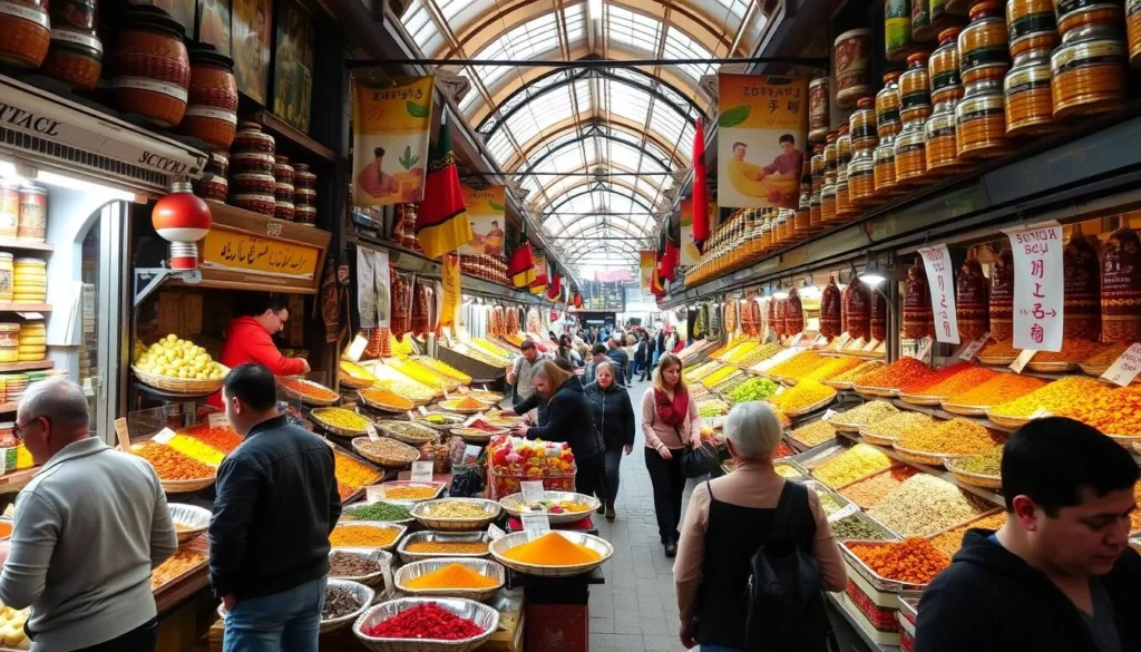 Yashil Bazaar Baku vibrant market scene with colorful spices and fresh produce