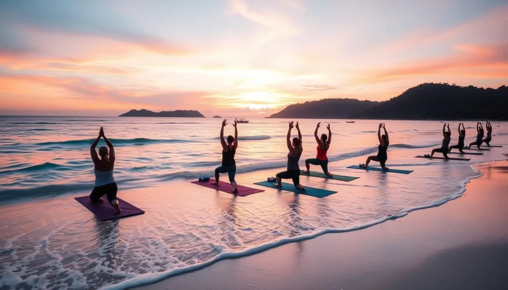 Yoga class on a beach in Boracay at sunrise