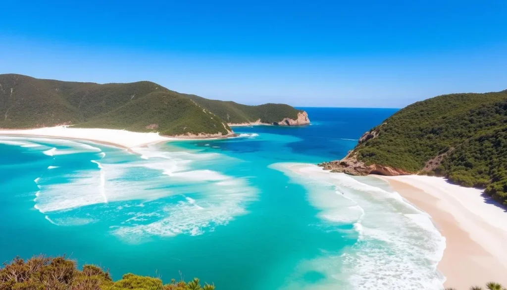 Zenith Beach in Nelson Bay with white sand, turquoise water, and green headlands Zenith Beach in Nelson Bay with white sand, turquoise water, and green headlands