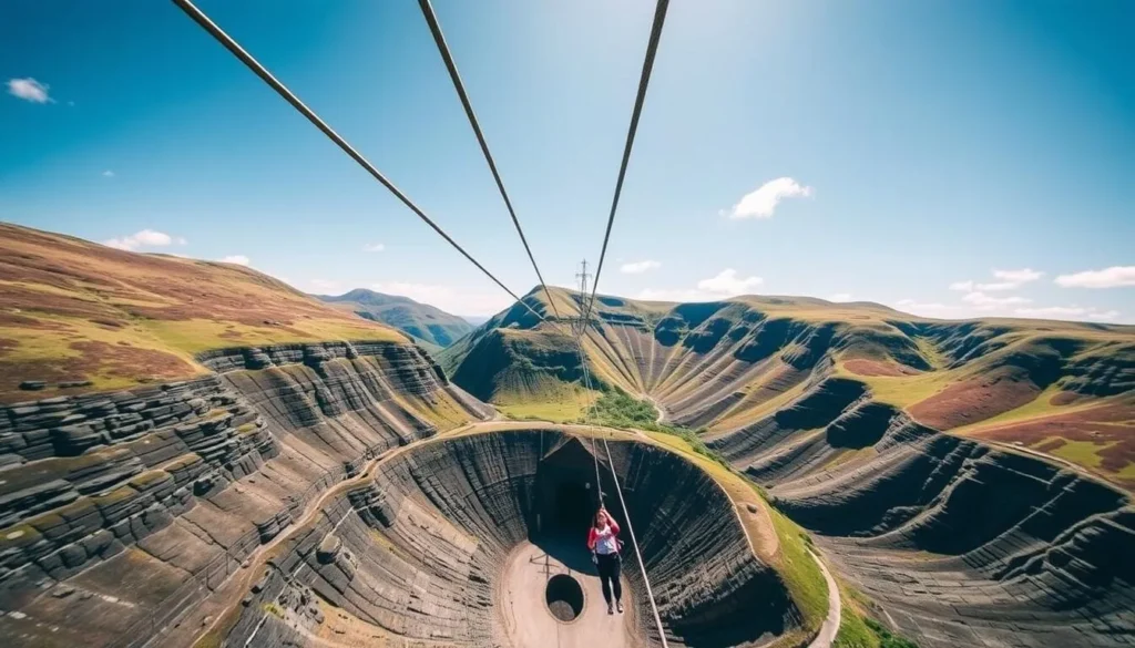 Zip World Velocity zipline in Snowdonia with a person flying over the quarry landscape