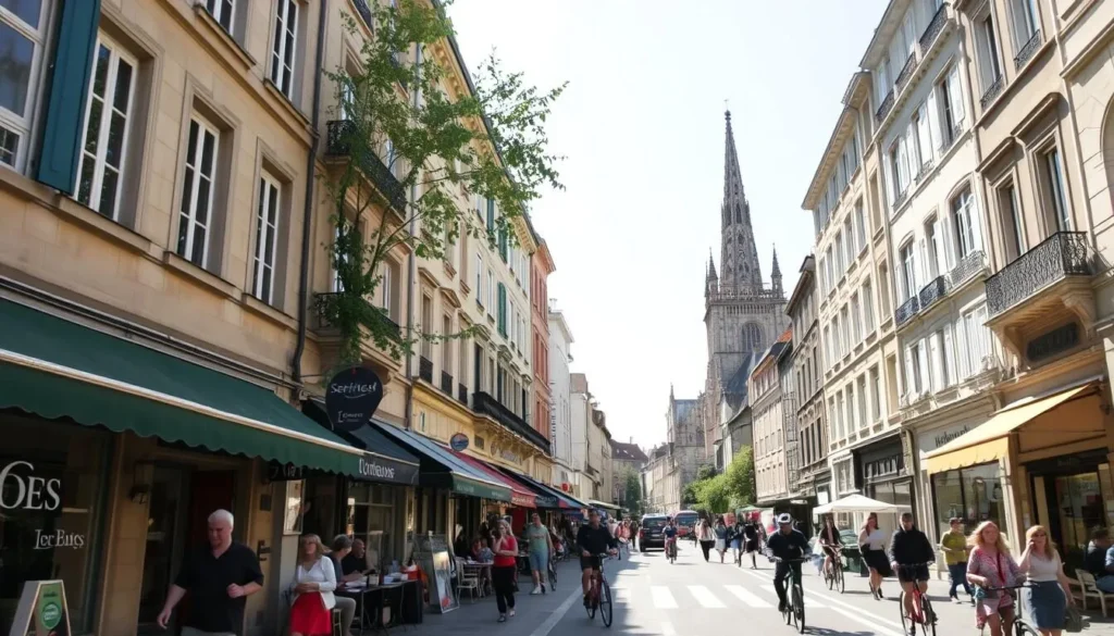 a busy city street in Tours, France on a sunny day, with people walking and riding bicycles, cafes and shops lining the sidewalks, a towering cathedral in the background, warm lighting illuminating the scene, a lens that captures the vibrant energy and atmosphere of a thriving European city, a sense of movement and activity that draws the viewer in, a feeling of exploration and discovery as one imagines strolling through the charming city