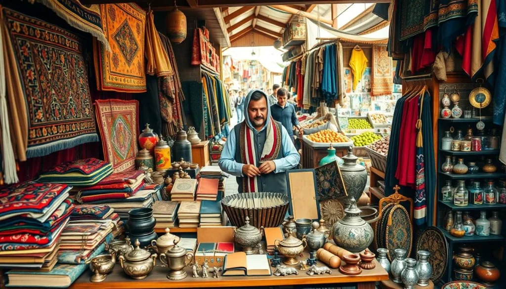 a cozy market stall in a bustling Afghan bazaar, showcasing a vibrant array of traditional handicrafts and souvenirs. The stall's wooden counter is adorned with intricately woven rugs, vibrant embroidered textiles, and handcrafted pottery pieces. In the middle ground, a friendly vendor arranges a display of leather-bound journals, intricate metalwork, and delicate glass figurines. The background is filled with the lively atmosphere of the bazaar, with other stalls selling spices, fabrics, and fresh produce. Warm, natural lighting filters through the scene, creating a inviting and authentic atmosphere.