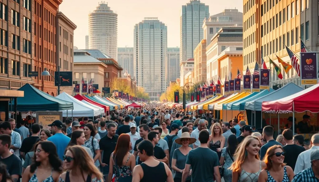 a crowded street in downtown Edmonton, Alberta, with a vibrant scene of people enjoying the city's renowned festivals. In the foreground, a diverse crowd of locals and tourists mingle, laughing and dancing to the beat of live music performances. Colorful tents and booths line the middle ground, offering a wide array of international cuisine, handcrafted goods, and cultural exhibits. In the background, the iconic architecture of historic buildings and modern skyscrapers creates a visually striking backdrop, bathed in warm, golden sunlight that accentuates the festive atmosphere. The scene conveys a sense of community, celebration, and the unique cultural richness that defines Edmonton's festival scene.