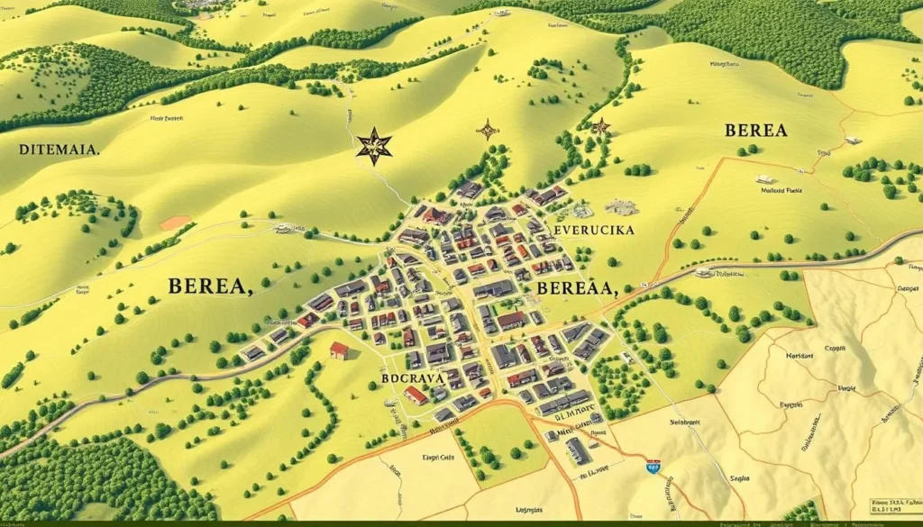 a detailed, realistic map of Berea, Kentucky, showing the major roads, neighborhoods, and landmarks. Capture the town's quaint, charming character with a warm, natural lighting that highlights the rolling hills and lush greenery of the surrounding landscape. Depict the map from a birds-eye view, with a level of detail that allows viewers to easily navigate the area and plan their visit. Ensure the map has a clean, uncluttered design that makes it easy to read and understand, without any distracting elements.