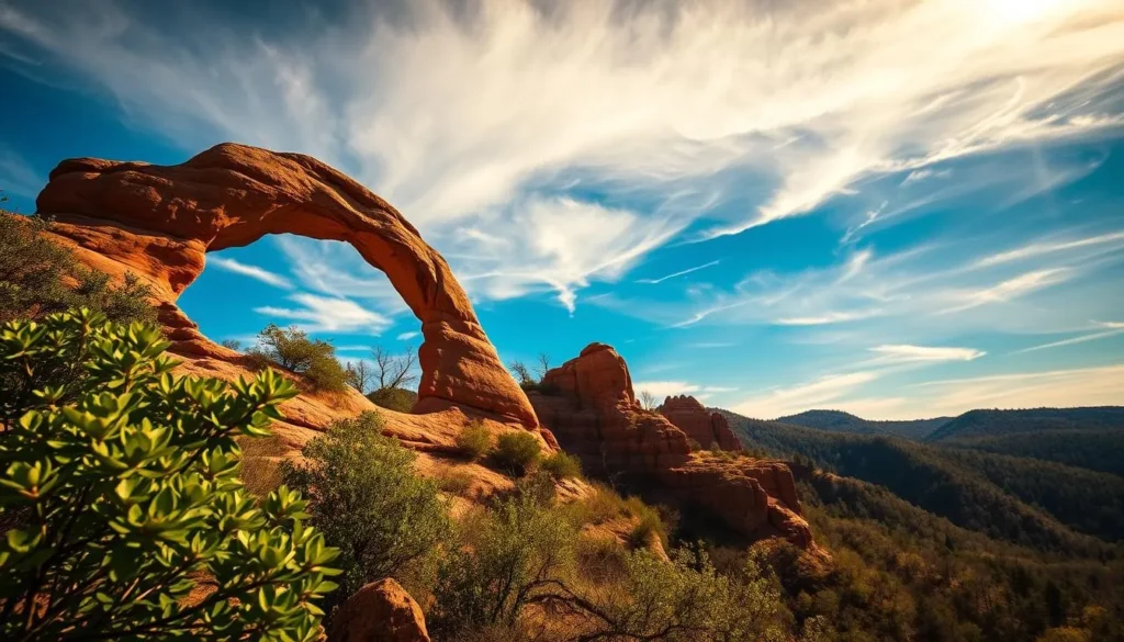 a dramatic landscape view of the famous red river gorge rock arch in eastern kentucky, with the arch framed against a vibrant blue sky with wispy white clouds. the foreground features lush green foliage and rocks, leading the eye up to the majestic natural sandstone arch towering above. the middle ground showcases the rugged, weathered rock formations of the gorge, casting interesting shadows and textures. the background is filled with rolling, densely forested hills bathed in warm, golden afternoon sunlight. the scene conveys a sense of timeless, serene beauty and the awe-inspiring power of nature.