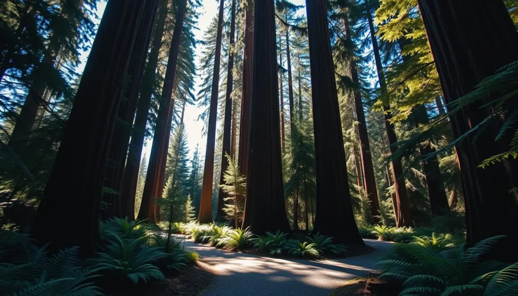 a lush, sun-dappled trail winding through a dense, old-growth redwood forest in Muir Woods National Monument, California. the foreground features a well-maintained gravel path flanked by towering, rust-colored trunks and verdant ferns. the middle ground showcases the majestic, soaring canopy of ancient redwood trees, their tall, slender silhouettes reaching up towards the bright, azure sky. the background is filled with the gentle, filtered light that creates a warm, serene atmosphere, inviting the viewer to immerse themselves in the tranquility of this primeval woodland. the scene is captured with a wide-angle, cinematic perspective to convey the grandeur and scale of the redwood forest.