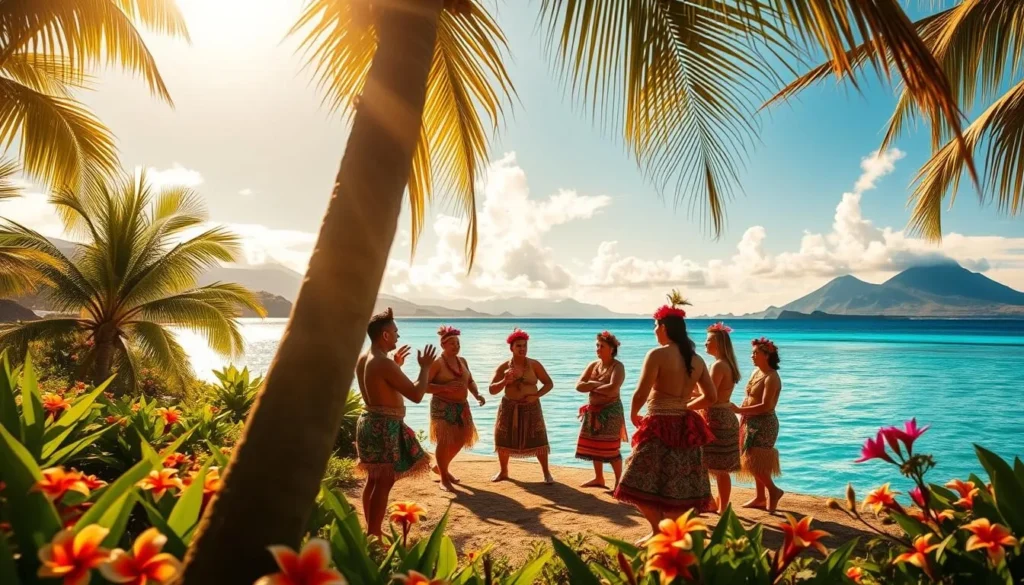 a lush tropical Pacific island scene, with swaying palm trees and vibrant flowers in the foreground, a crystal-clear turquoise lagoon in the middle ground, and distant volcanic peaks on the horizon. Warm sunlight filters through wispy clouds, casting a golden glow over the entire landscape. In the center, a group of local islanders engage in traditional dances and ceremonies, wearing colorful, intricate costumes and adornments. Their expressions are joyful and their movements graceful, showcasing the rich cultural heritage of the region. The atmosphere is one of tranquility, harmony, and a deep connection to the natural world.