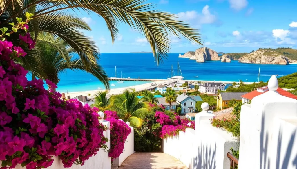 a lush, tropical paradise in the middle of the turquoise waters of the Atlantic Ocean, the island of Bermuda features pristine beaches with soft, pink sand, swaying palm trees, and stunning azure-colored lagoons. in the foreground, vibrant bougainvillea flowers cascade down whitewashed stone walls, leading the eye towards a quaint seaside village with colorful, Bermudian-style architecture. in the middle ground, sailboats and yachts gently bob in the calm harbor, while in the distance, iconic limestone cliffs rise up from the sea, bathed in warm, golden sunlight. the overall scene conveys a sense of tranquility, natural beauty, and the laidback island lifestyle that epitomizes Bermuda's idyllic charm.