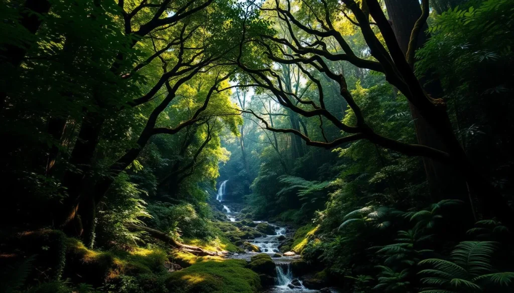 a lush, verdant canopy of ancient trees in the daintree rainforest, queensland, australia. dense foliage frames a sunlit forest floor, where ferns and mosses carpet the ground. streams and waterfalls trickle through the undergrowth, reflecting the warm, dappled light. a sense of timeless, primal beauty pervades the scene, hinting at the incredible biodiversity and ecological significance of this ancient, primeval landscape. the composition features a balanced, natural arrangement, with a sense of depth and dimensionality. high-quality, photorealistic rendering with a sharp focus and natural, diffuse lighting.