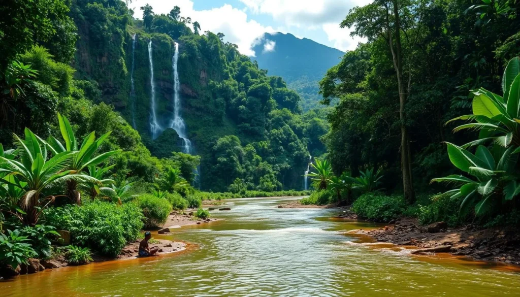 a lush, verdant jungle landscape with towering waterfalls cascading over mossy cliffs, surrounded by a diverse array of tropical flora and fauna. in the foreground, a winding river reflects the dappled sunlight filtering through the dense canopy above. on the banks, local tribespeople engage in traditional activities, their vibrant, handwoven garments contrasting with the earthy tones of the environment. in the distance, a majestic mountain range rises, its peaks swathed in wispy clouds. the scene exudes a sense of tranquility and wonder, inviting the viewer to discover the hidden treasures of guinea.