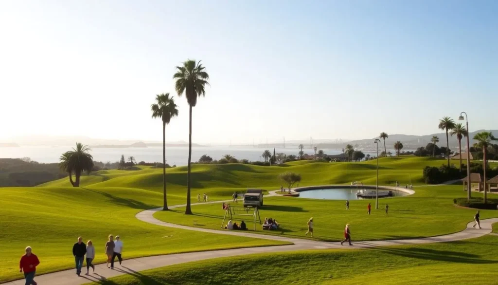 a lush, verdant park in Dana Point, California, with rolling hills, towering palm trees, and a tranquil lake. In the foreground, a group of people strolling along a winding path, enjoying the sunny day. In the middle ground, families picnicking on the grass, children playing on a swing set, and joggers running past. In the background, the harbor's distinctive landmarks, including the iconic Dana Point Headlands, can be seen in the distance. The scene is bathed in warm, golden sunlight, creating a serene and inviting atmosphere.