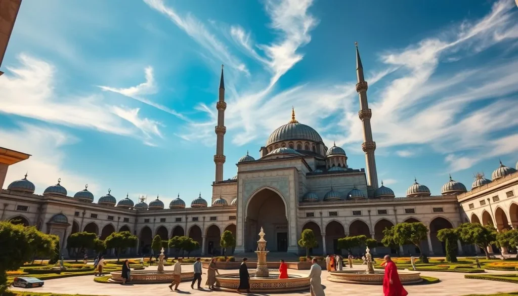 a magnificent mosque with intricate architectural details, standing majestically against a clear blue sky with wispy clouds. The domed roofs and slender minarets reach towards the heavens, casting long shadows across the sunlit courtyard filled with lush greenery and ornate fountains. Worshippers in traditional garments move gracefully through the serene atmosphere, creating a harmonious blend of spirituality and tranquility. The scene is captured with a wide-angle lens to showcase the grandeur and scale of this iconic religious structure, illuminated by warm, natural lighting that enhances the rich colors and textures of the elegant design.