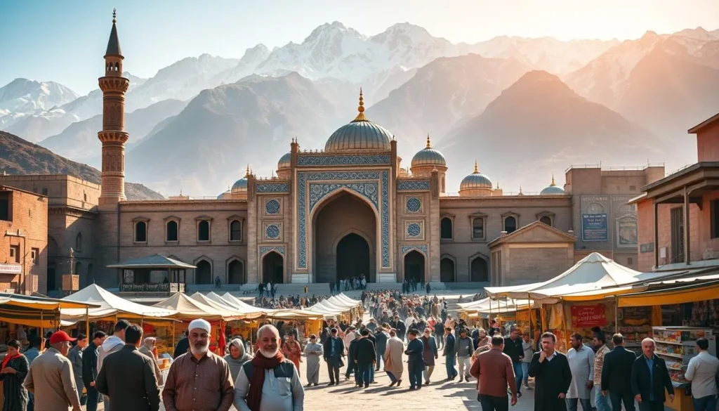 a photo of Afghanistan's cultural heritage on a bright, sunny day. In the foreground, a group of people in traditional Afghan attire stand in front of the ornate Jama Masjid, a historic mosque with intricate blue-tiled domes and arched entrances. In the middle ground, a bustling street scene with colorful market stalls, merchants, and locals going about their daily lives. In the background, the rugged, snow-capped Hindu Kush mountains rise majestically, creating a stunning natural backdrop. The scene is bathed in warm, golden sunlight, capturing the vibrant, timeless essence of Afghanistan's rich cultural heritage.