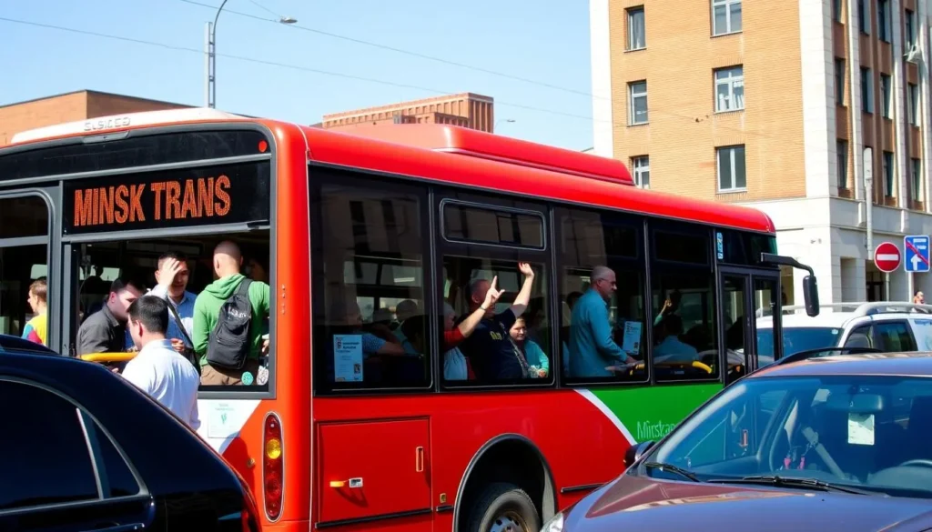 a photo of a crowded public bus on a sunny day in Minsk, Belarus. The bus is painted in the distinctive red and green colors of the Minsktrans public transportation system, with large windows and a modern, streamlined design. Passengers of all ages are visible through the windows, some standing and holding onto the rails, others seated. The bus is surrounded by other vehicles on a city street, with brick and concrete buildings in the background, suggesting an urban setting. The scene conveys a sense of everyday life and the vibrant energy of Minsk's public transportation network.