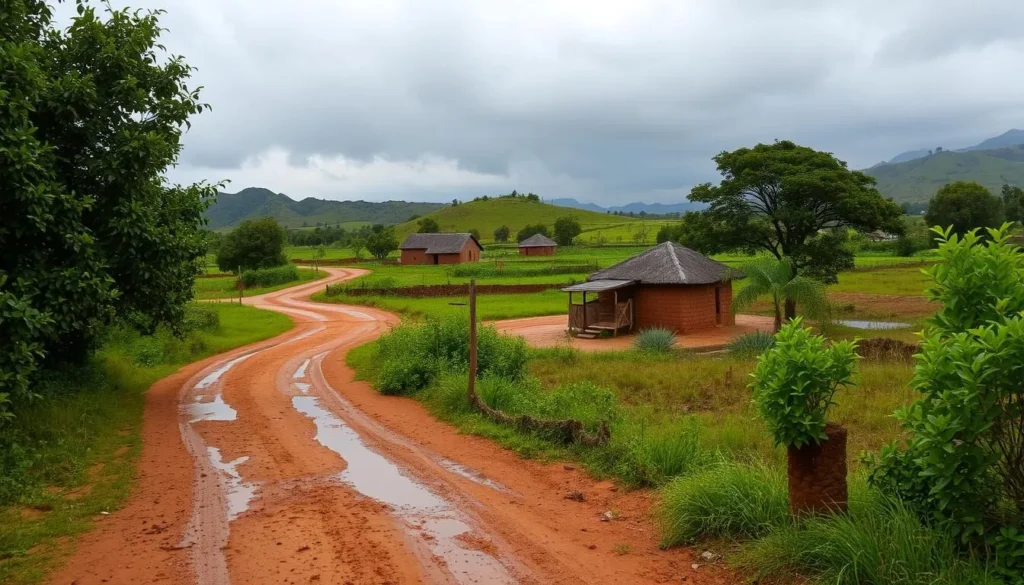 a photo of a scenic rainy season day in the rural countryside of Chad, West Africa. In the foreground, a winding dirt road is flanked by lush, verdant foliage, with puddles reflecting the overcast sky. In the middle ground, traditional mud-brick buildings with thatched roofs dot the landscape, surrounded by rolling hills. In the background, distant mountains rise up, their peaks shrouded in misty, rain-soaked clouds. The scene is bathed in a soft, diffused natural light, creating a tranquil, atmospheric ambiance. The overall mood is one of quiet contemplation and the rejuvenating power of the rainy season in this remote, underexplored region.