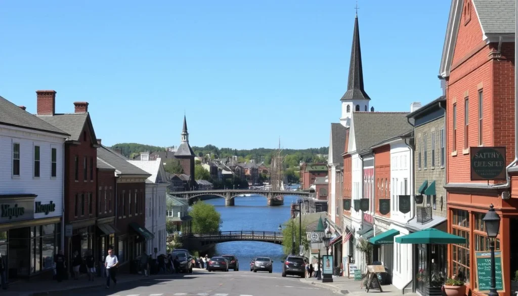 a photo of historic downtown Bath, Maine on a sunny day with a classic New England atmosphere. in the foreground, quaint colonial-style buildings line the streets, with people strolling and shopping at local boutiques and cafes. in the middle ground, the Kennebec River flows peacefully, with a scenic bridge and tall ships docked along the riverbanks. in the background, the steeples and rooftops of more historic buildings rise up, framed by a clear blue sky. the scene is captured with a wide-angle lens, showcasing the charming architecture and tranquil ambiance of this quintessential New England town.