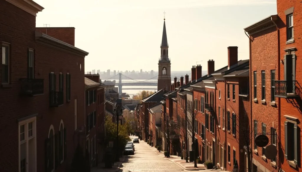 a photo of the historic Old City neighborhood in Philadelphia, Pennsylvania on a sunny day. in the foreground, cobblestone streets and brick row houses with colonial-style architecture. in the middle ground, the steeple of Old St. Joseph's Church rises above the rooftops. in the background, the Benjamin Franklin Bridge spans the Delaware River, with the Philadelphia skyline visible in the distance. the scene is bathed in warm, golden sunlight, conveying a charming, atmospheric feel that captures the historic ambiance of this picturesque neighborhood.