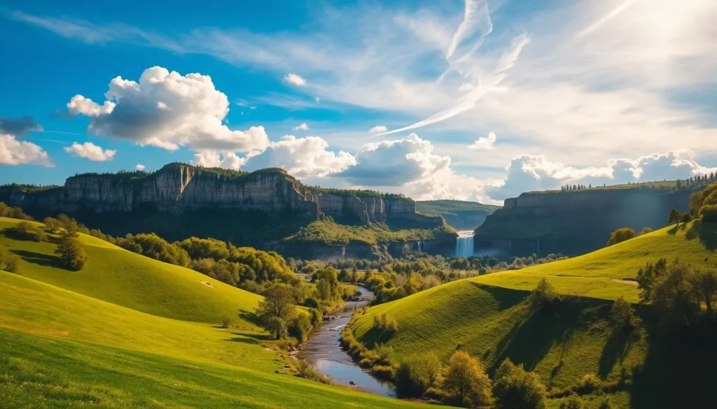 a picturesque landscape of Iowa Falls, Iowa, with a lush, verdant foreground featuring rolling hills and a winding river cutting through the scene. In the middle ground, towering limestone cliffs and cascading waterfalls create a dramatic, natural backdrop. The sky is a brilliant blue, with fluffy white clouds drifting overhead, casting gentle shadows across the landscape. The lighting is warm and golden, creating a serene and inviting atmosphere. The scene is captured with a wide-angle lens, providing a sweeping, panoramic view that showcases the breathtaking beauty of this charming, Midwestern destination.