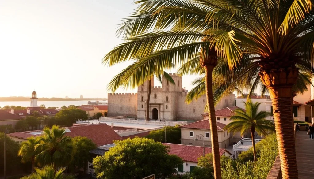 a picturesque panoramic view of the historic St. Augustine, Florida, showcasing its iconic Spanish colonial architecture, with the Castillo de San Marcos fortress standing tall in the center, its coquina walls and towers casting long shadows under the warm afternoon sun. In the foreground, lush palm trees and vibrant greenery frame the scene, leading the eye towards the city's charming streets and plazas, bustling with locals and visitors exploring the oldest continuously occupied European settlement in the continental United States. The overall atmosphere conveys a sense of timeless elegance and the rich history that has shaped this remarkable coastal city.