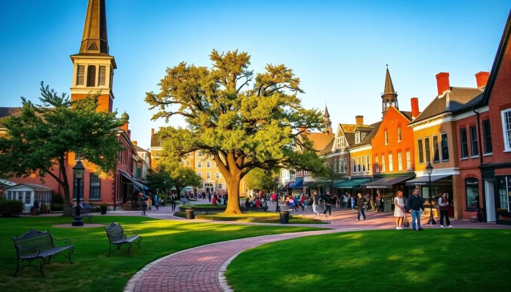 a quaint colonial New England town, with a towering church steeple and narrow brick buildings lining the streets. In the foreground, a cobblestone path winds through a lush green park, with wrought-iron benches and towering oak trees casting dappled shadows. The middle ground features a bustling town square, where locals and visitors mingle, browsing the wares of small shops and street vendors. In the background, the silhouettes of 17th-century mansions and historic landmarks rise against a clear blue sky, bathed in warm, golden afternoon light. An atmosphere of timeless charm and enchantment pervades the scene, inviting the viewer to step back in time and discover Salem's bewitching history.