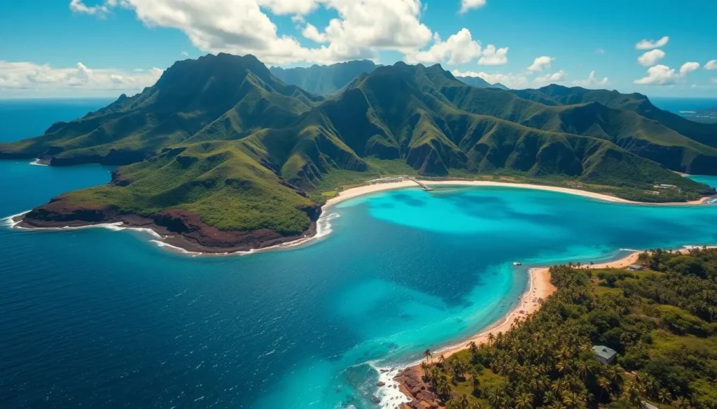a scenic aerial view of American Samoa island, a lush, verdant volcanic archipelago in the South Pacific Ocean. The main island of Tutuila is dominated by towering, jagged mountain peaks shrouded in tropical rainforest, with sparkling azure waters lapping at its pristine palm-fringed beaches. Vividly capture the island's dramatic natural beauty, with the sun casting a warm, golden glow over the landscape. Render the scene with a cinematic, wide-angle lens to showcase the island's stunning scale and grandeur, creating a sense of awe and wonder. Convey a serene, tranquil mood that invites the viewer to imagine themselves exploring this remote, paradise destination.